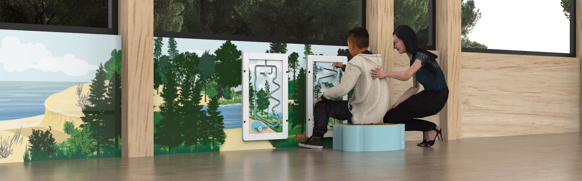 Custom play corner educational play areas This image shows a boy playing with a educational wall game