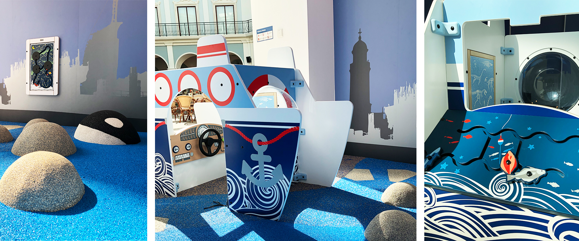 IKC speelhoek met Arctic zee thema en het speelboot All Aboard speelsysteem in het Mein Outlet shopping center in de havenstad Bremerhaven in Duitsland IKC speelhoek met Arctic zee thema en het speelboot All Aboard speelsysteem in het Mein Outlet shopping center in de havenstad Bremerhaven in Duitsland