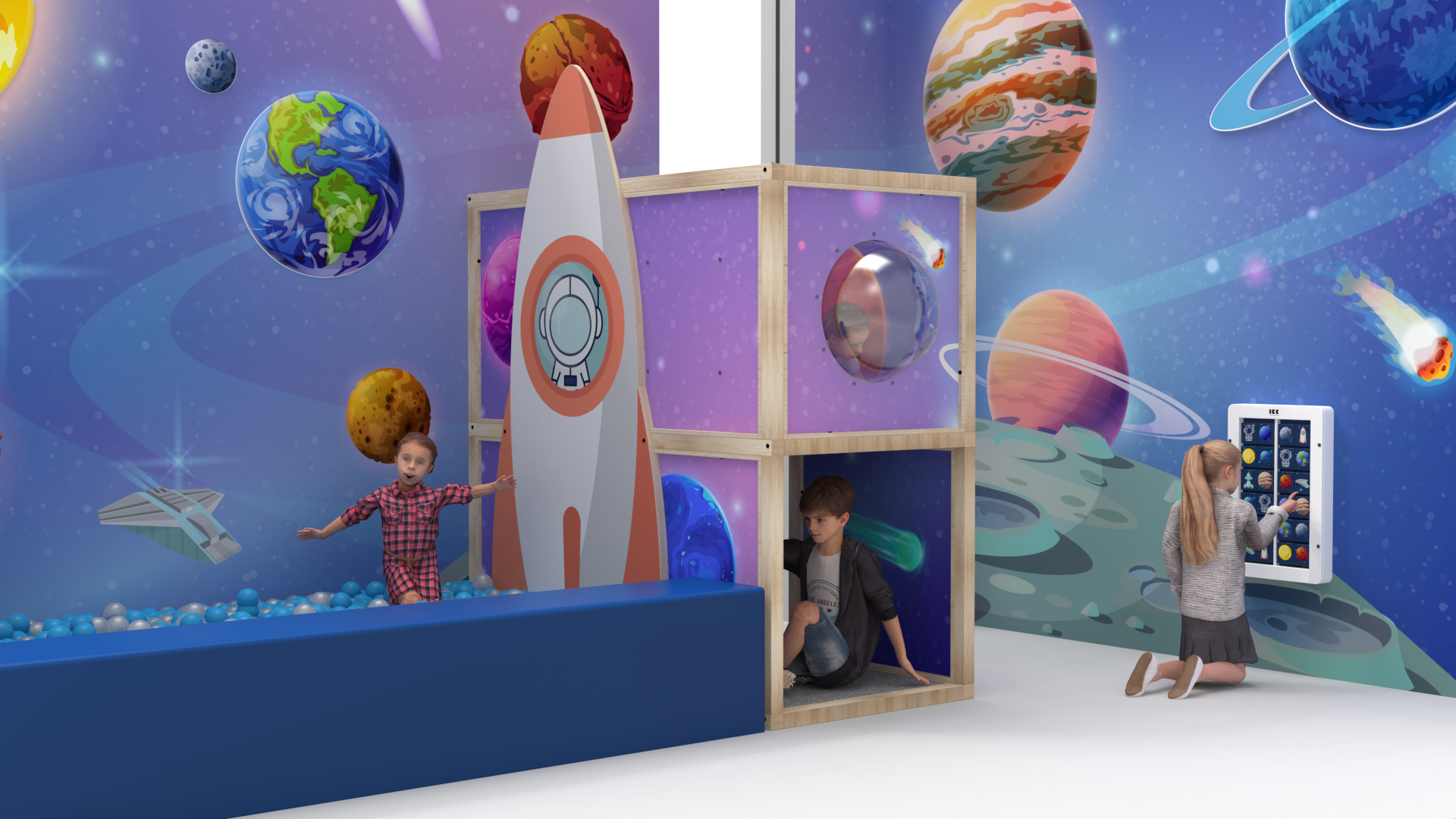 Render Cosmolu Play@IKC Rendering of the waiting room of Cosmolu with the Play@IKC module